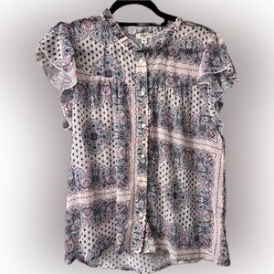 Dylan Pink and Gray Ruffled Cap Sleeve Blouse